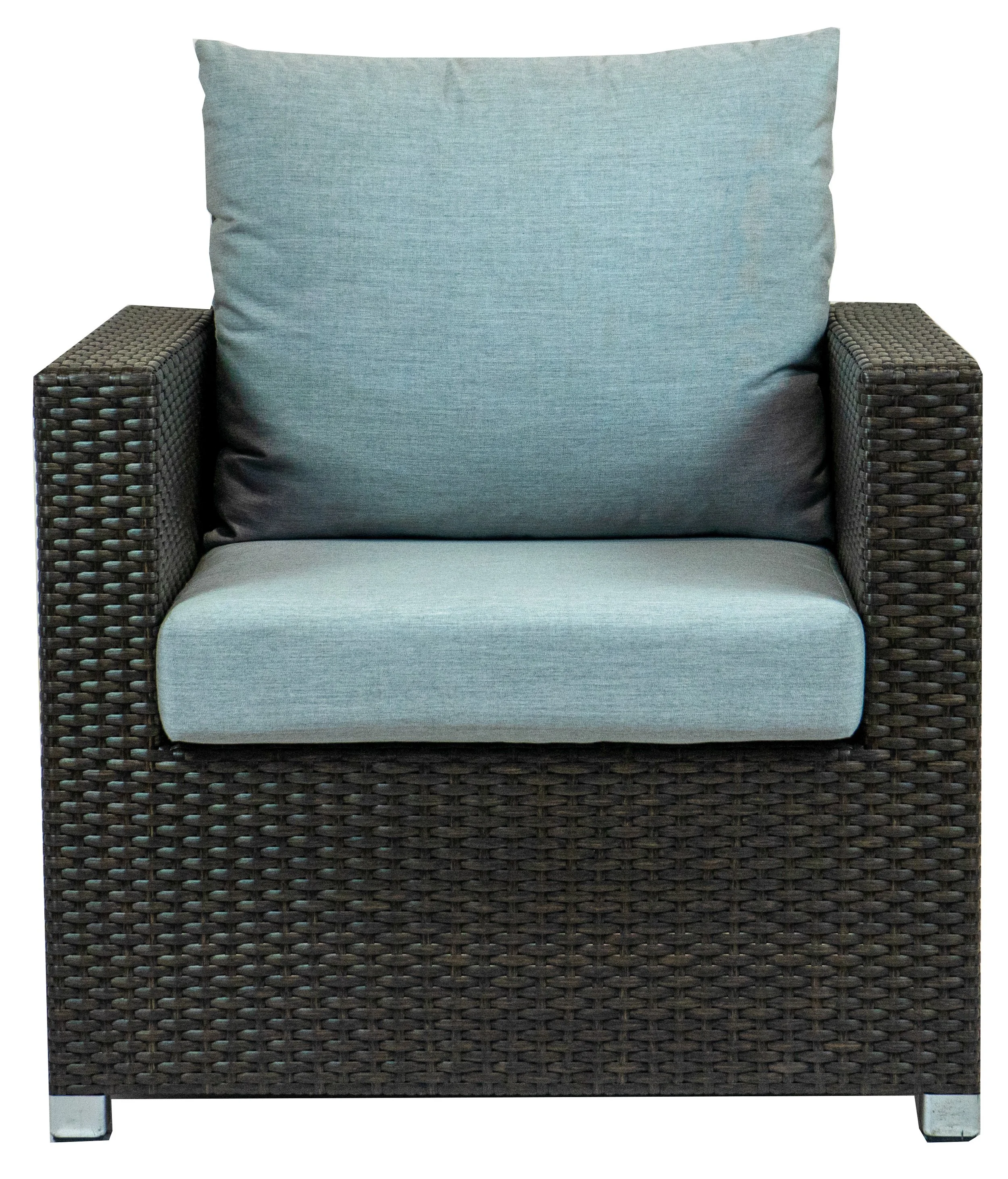A wicker armchair with light gray cushions and a high backrest.