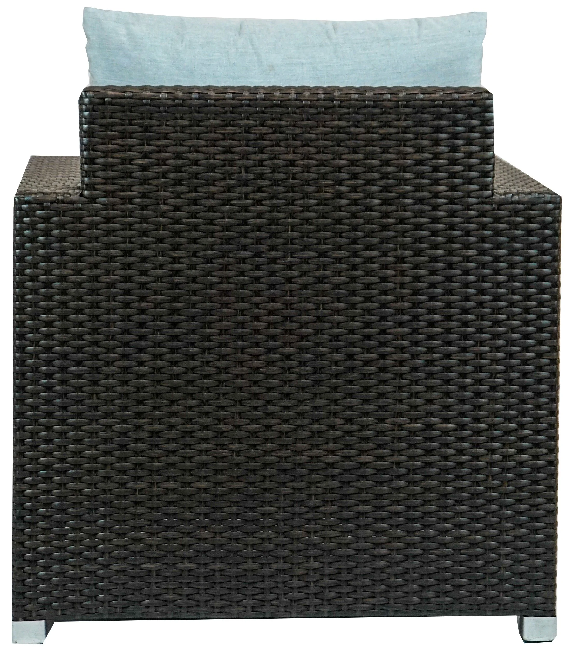 Back view of a wicker outdoor chair with a light blue cushion.