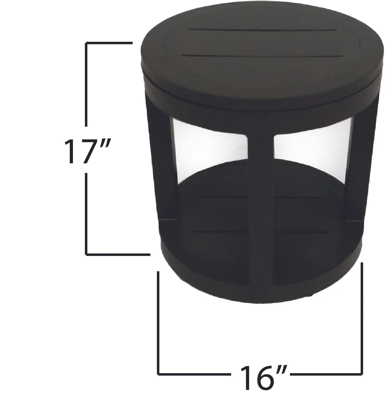 Dark Grey round side table with open shelf design, top and bottom surface with slatted pattern, dimensions 17 inches high and 16 inches wide.