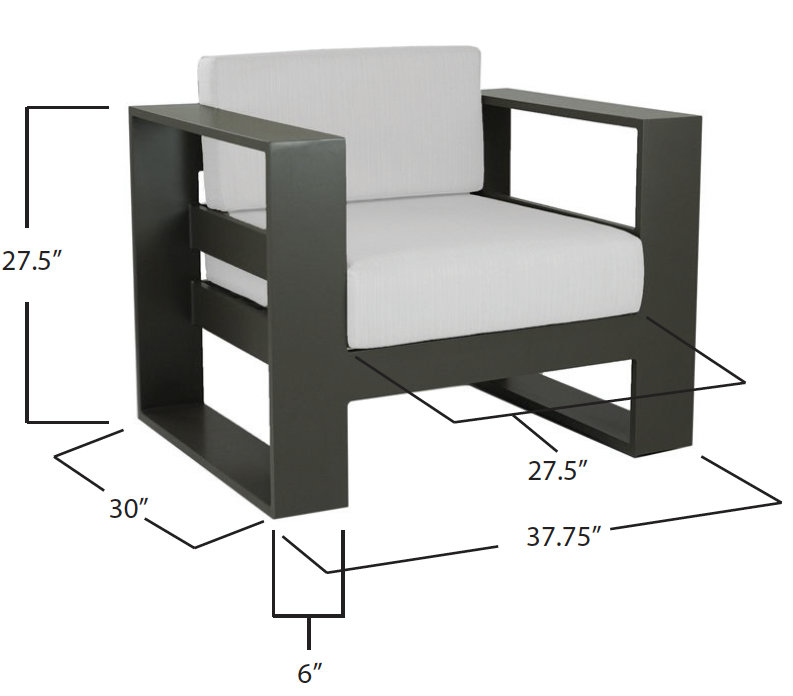 A modern armchair with a black wooden frame, white cushions, and measurements indicating it is 27.5 inches high, 37.75 inches wide, 30 inches deep, with a 6-inch thick seat.