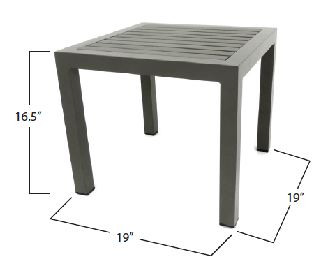 Gray outdoor side table with slatted top, 16.5 inches high, 19 inches wide and deep.