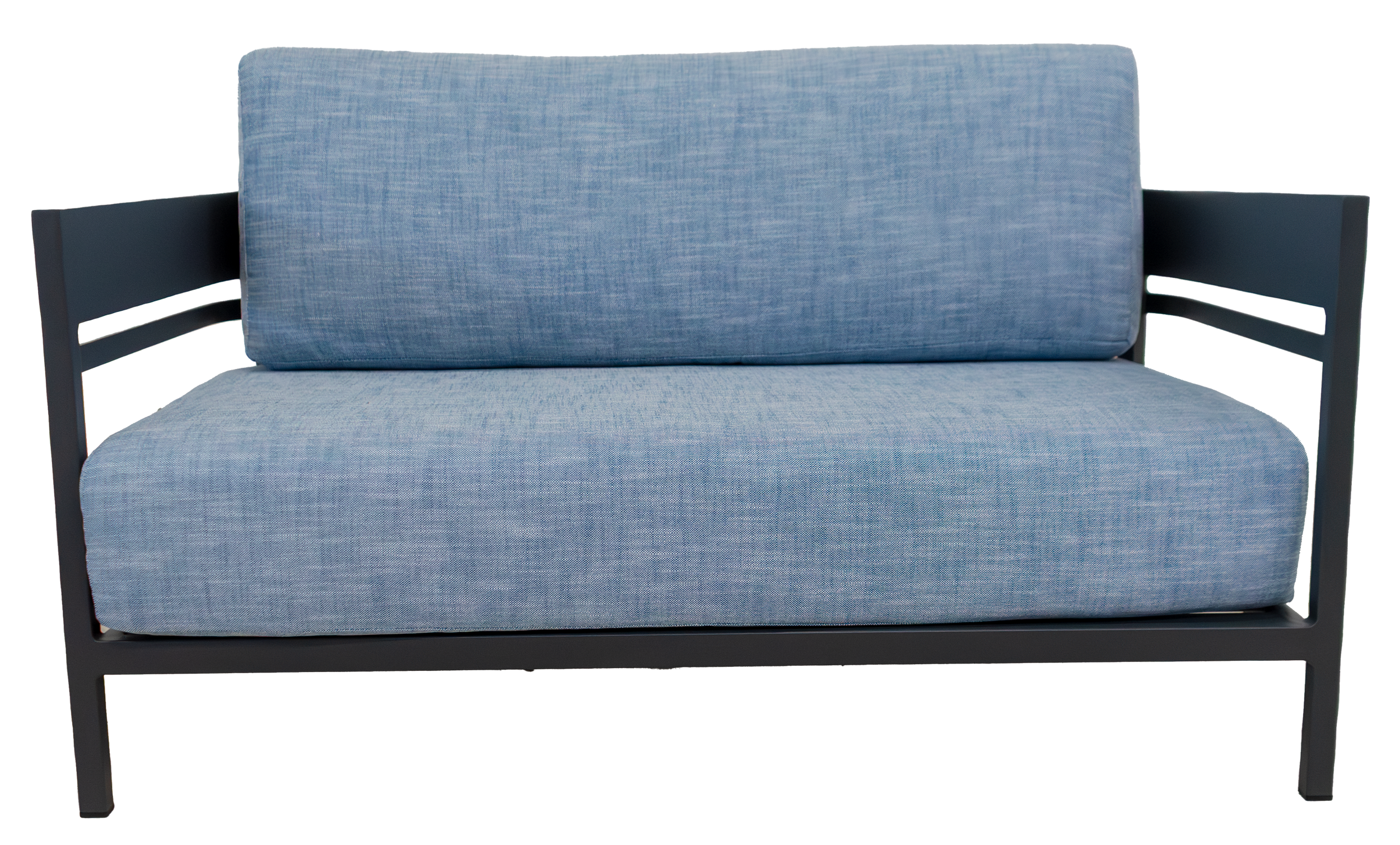 Modern armchair with blue fabric cushions and a dark gray metal frame