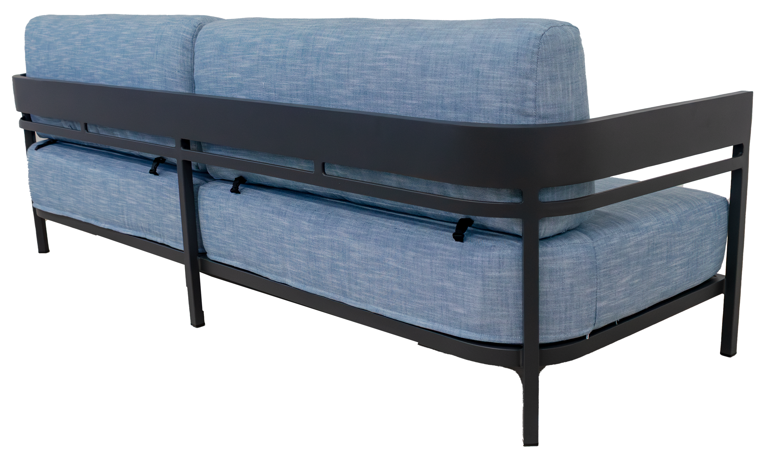 Back view of a modern patio sofa with a dark gray frame and upholstered in light blue fabric.