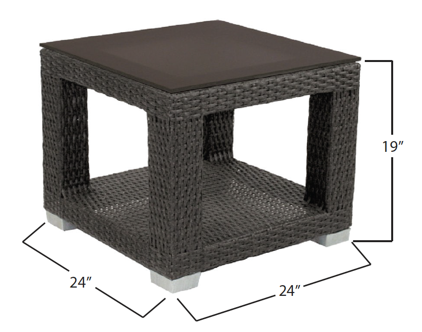 A dark brown wicker side table with a solid top, measuring 24 inches by 24 inches and 19 inches high.