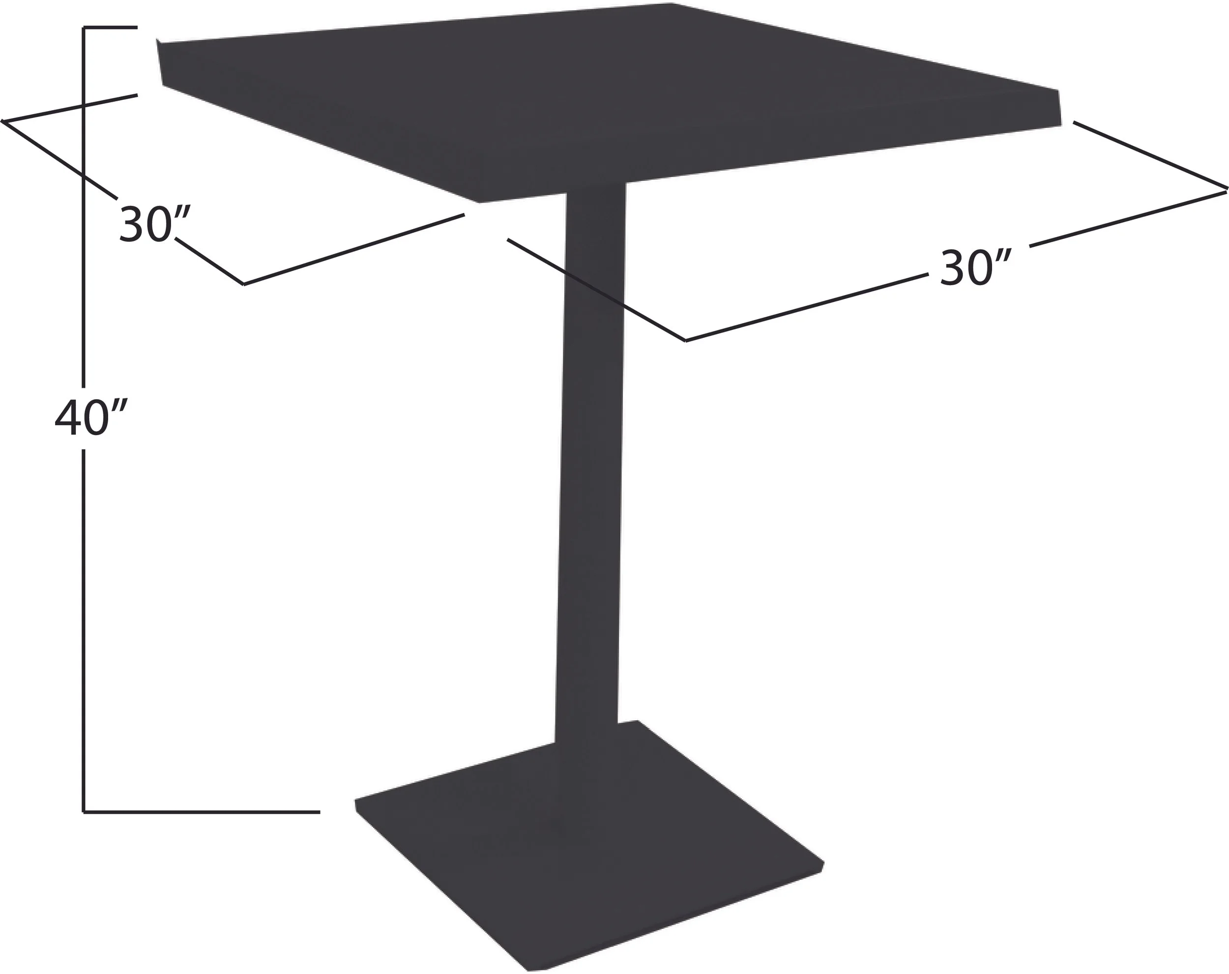 A dark grey square-top bar table with a central support column and a square base, with measurements indicating 30 inches in width and depth, and 40 inches in height.