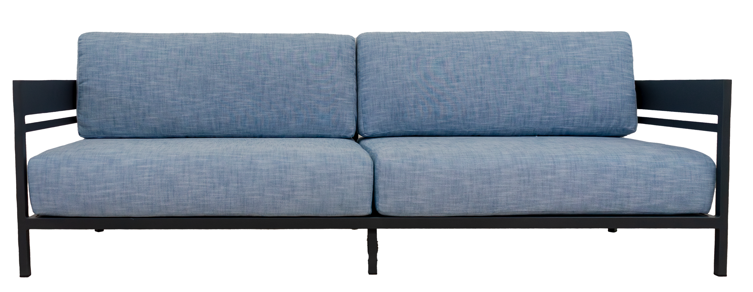 A modern patio sofa with a dark gray frame and upholstered in light blue fabric.
