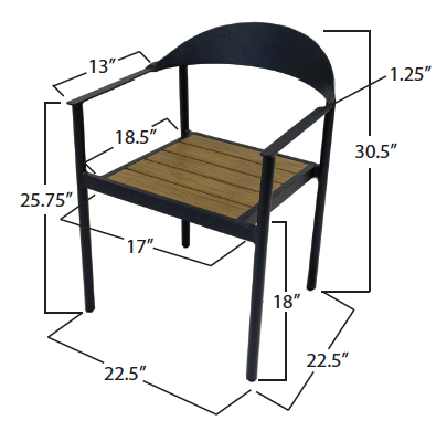 A black outdoor chair with a wooden seat, armrest, and backrest, along with various measurements labeled in inches.