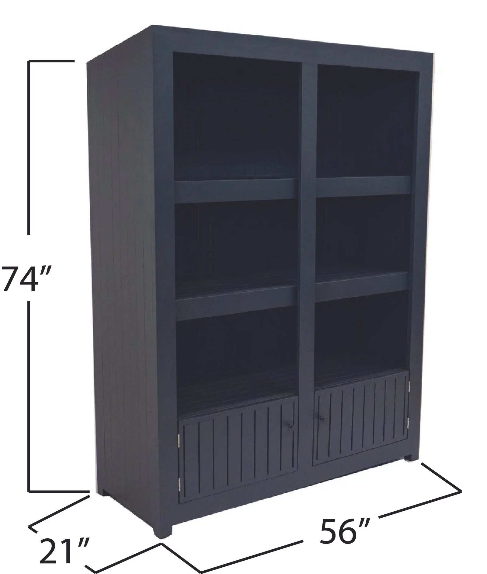 A dark grey storage cabinet with three open shelves and two storage cabinets at the bottom, measuring 74 inches high, 56 inches wide, and 21 inches deep.