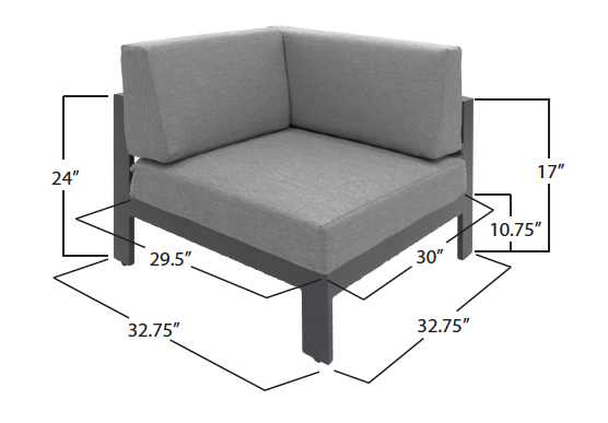 A gray upholstered L-shaped corner chair with wooden legs, showing measurements of 24 inches height, 17 inches arm height, 29.5 inches width, and 30 inches depth.