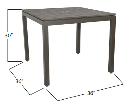 Square outdoor table with a slatted top and four straight legs, measuring 30 inches high and 36 inches wide on each side.