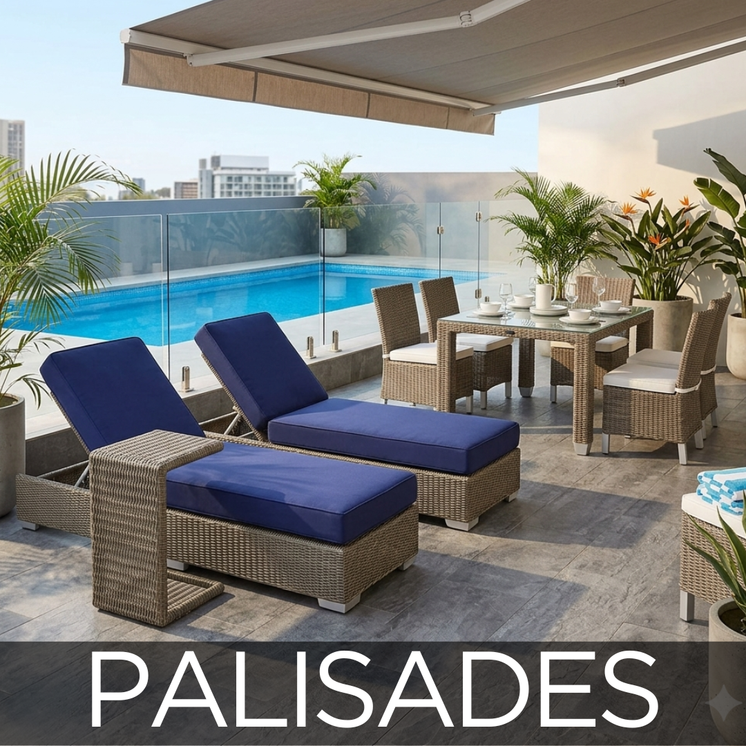 Light wicker patio chaise lounges in front of a pool. Matching wicker dining set with glass table top. Patio furniture is in front of a pool in a condo setting.