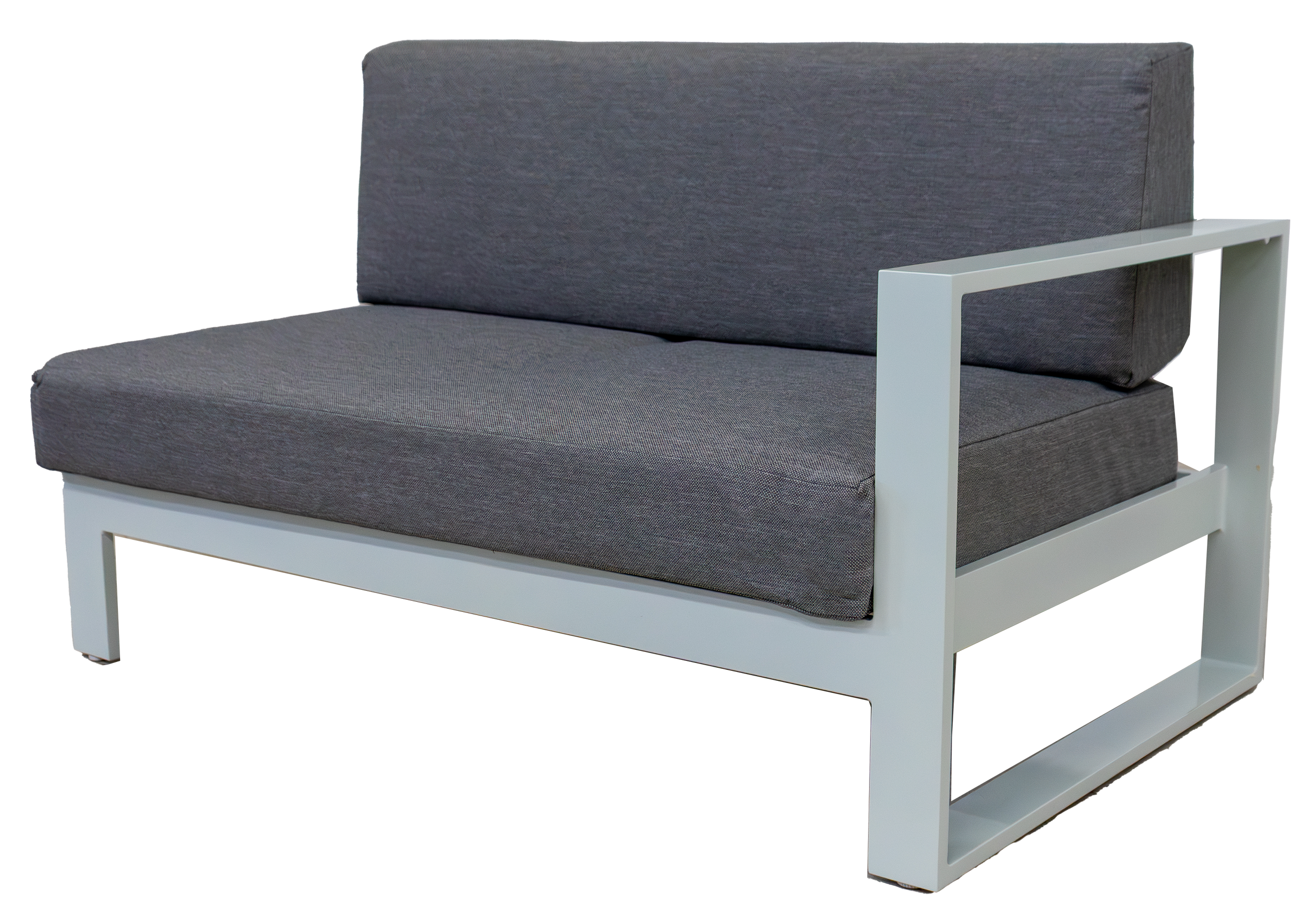 Modern  patio sofa with gray cushions and white frame.