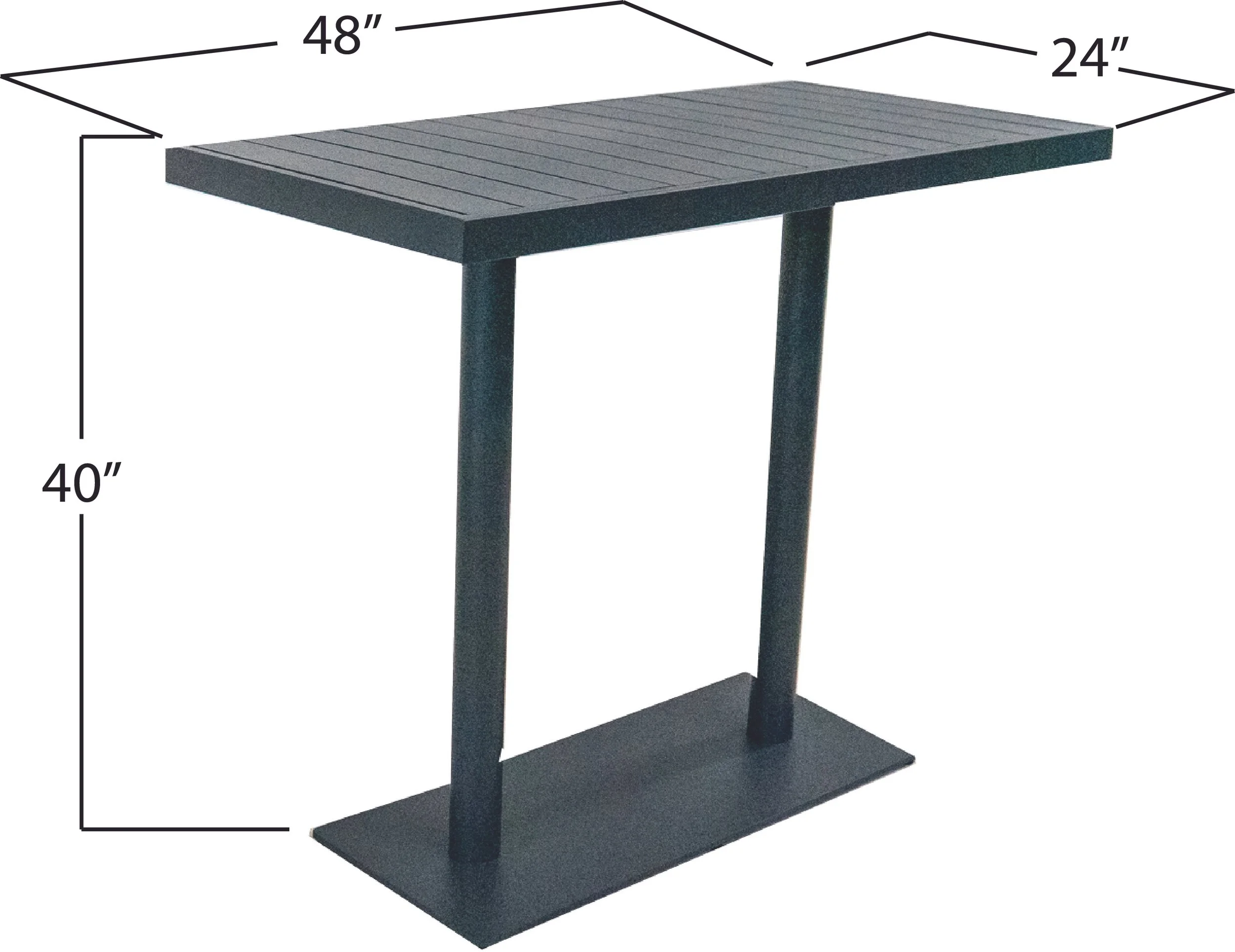 A dark grey rectangular table with a slatted top, two supporting vertical legs, and a wide base. Dimensions are labeled: 48 inches long, 24 inches wide, and 40 inches tall.