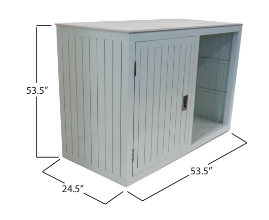 A white wooden cabinet with vertical slats, sliding door, and an open section on the right side, with dimensions labeled 53.5 inches in height, 24.5 inches in depth, and 53.5 inches in width.