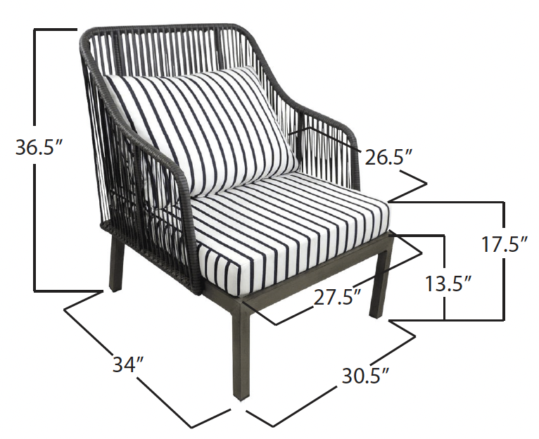 Outdoor chair with black metal frame and striped cushion, including a back pillow, with dimension labels for height (36.5 inches), armrest height (26.5 inches), seat depth (27.5 inches), seat width (30.5 inches), backrest height (17.5 inches), armres