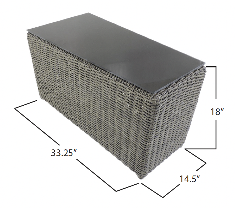 Wicker storage bench with a dark cushion on top, measuring 33.25 inches long, 14.5 inches wide, and 18 inches tall.