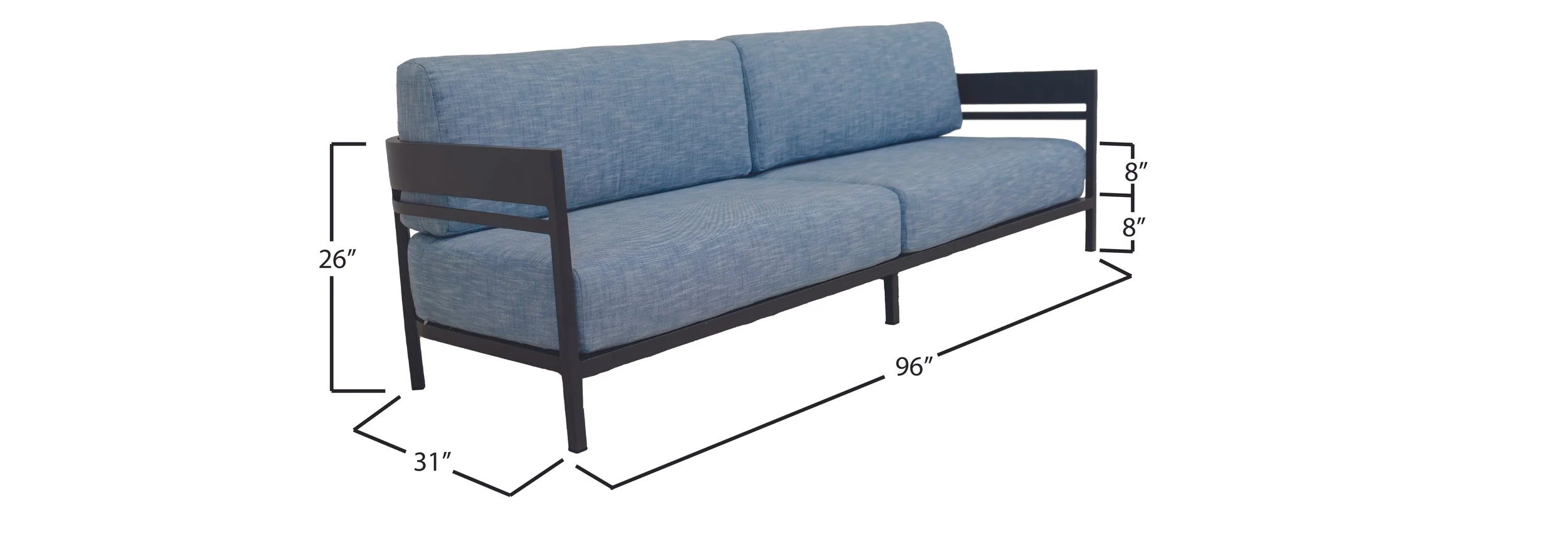 A modern patio sofa with a dark gray frame and upholstered in light blue fabric., with dimensions labeled as 96 inches long, 31 inches deep, 26 inches high, and 8 inches arm height.