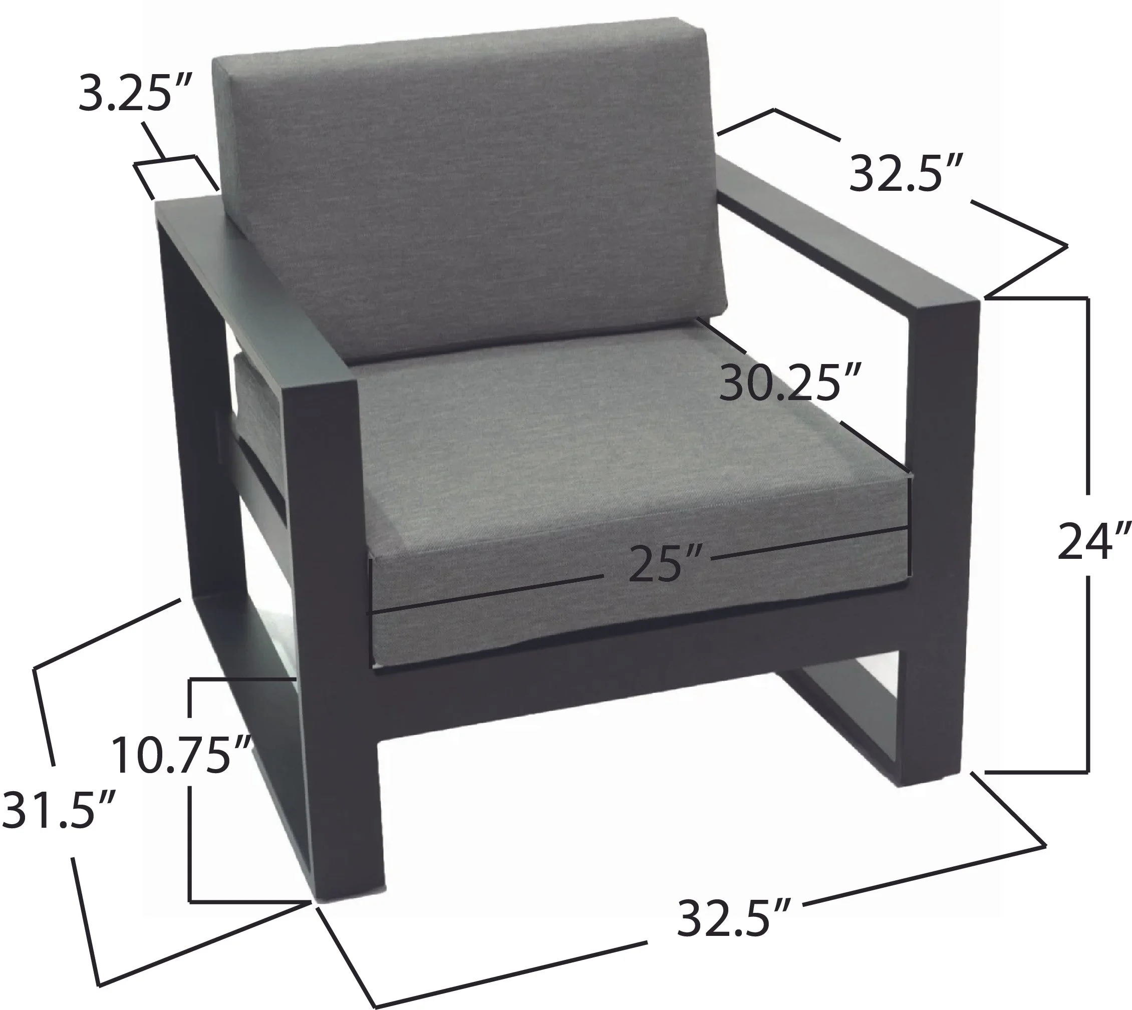A black wooden armchair with gray cushions and fabric, with dimension labels indicating measurements in inches for various parts including the height, width, and depth.
