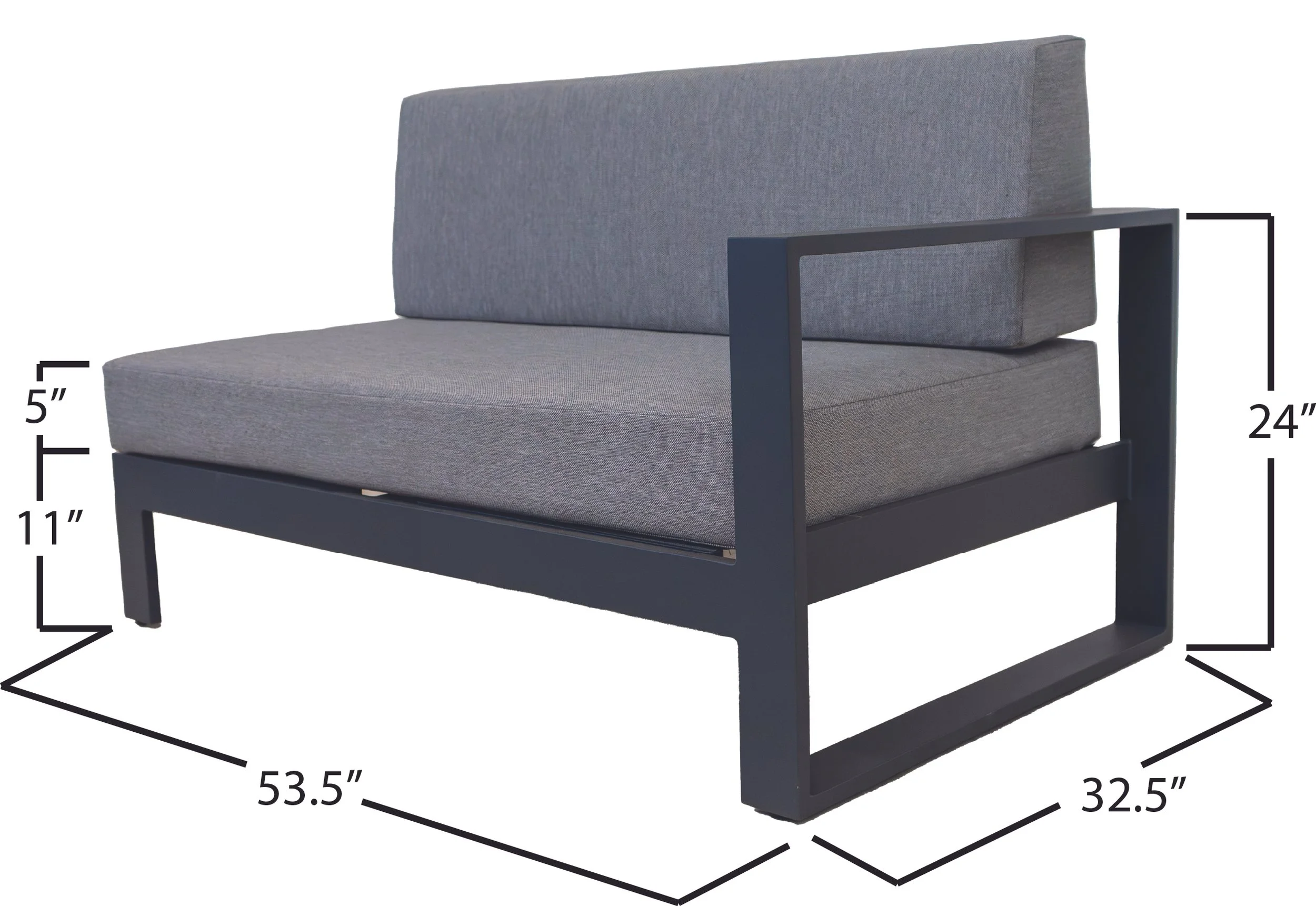 Gray modern chair with black metal frame, shown with measurements of 53.5 inches in width, 32.5 inches in depth, 24 inches in height, seat height of 11 inches, and back height of 24 inches.