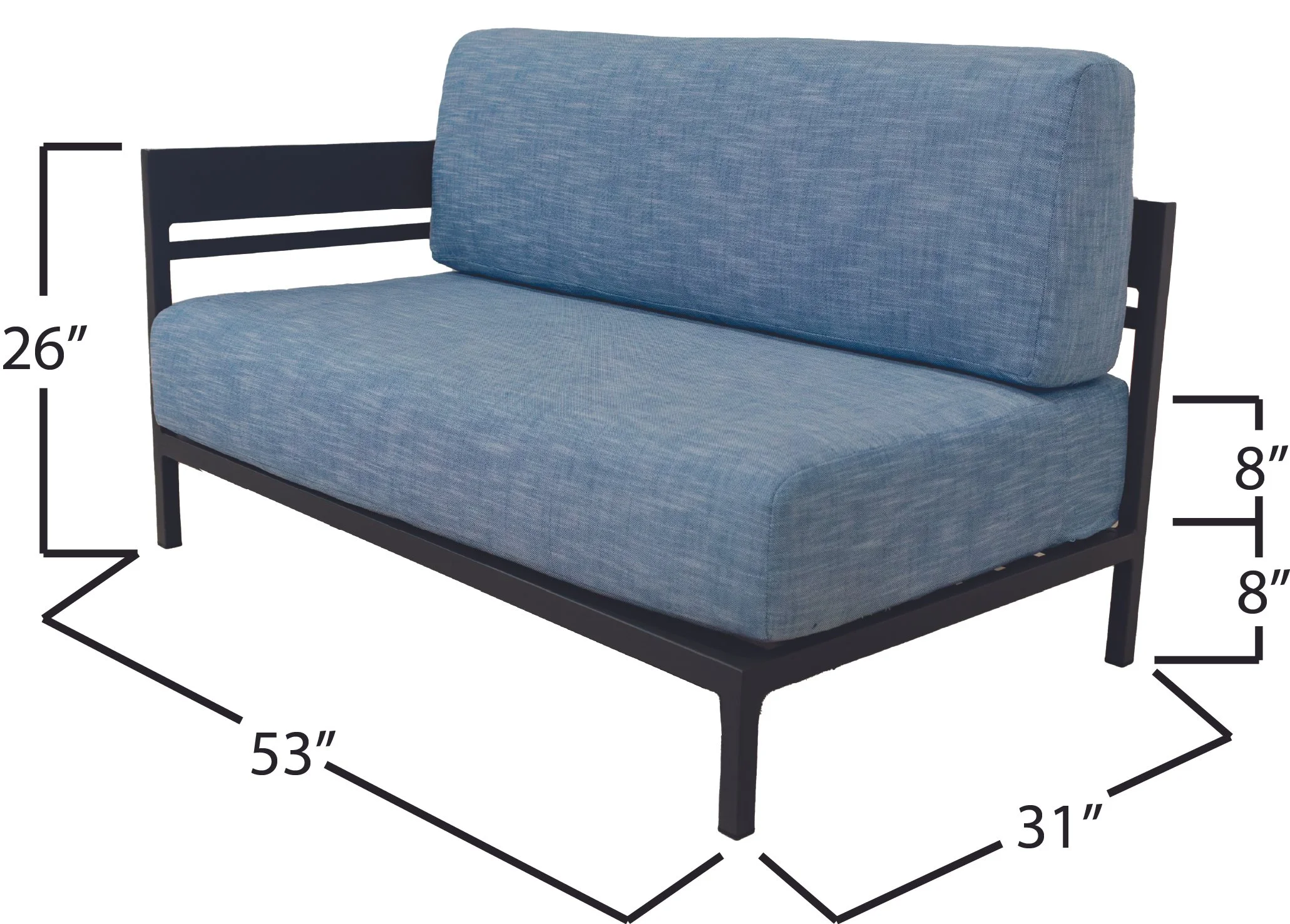 A modern left arm facing sectional sofa piece with a dark gray frame and upholstered in light blue fabric., measuring approximately 26 inches high, 53 inches long, and 31 inches deep, with seat height of 8 inches and backrest height of 8 inches.