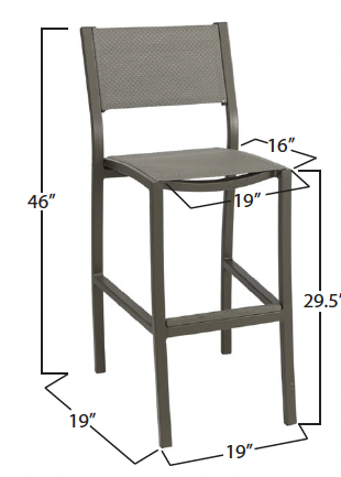 Barstool chair with a cushioned seat and backrest, measuring 46 inches tall, 19 inches wide and deep, with a seat height of 29.5 inches.