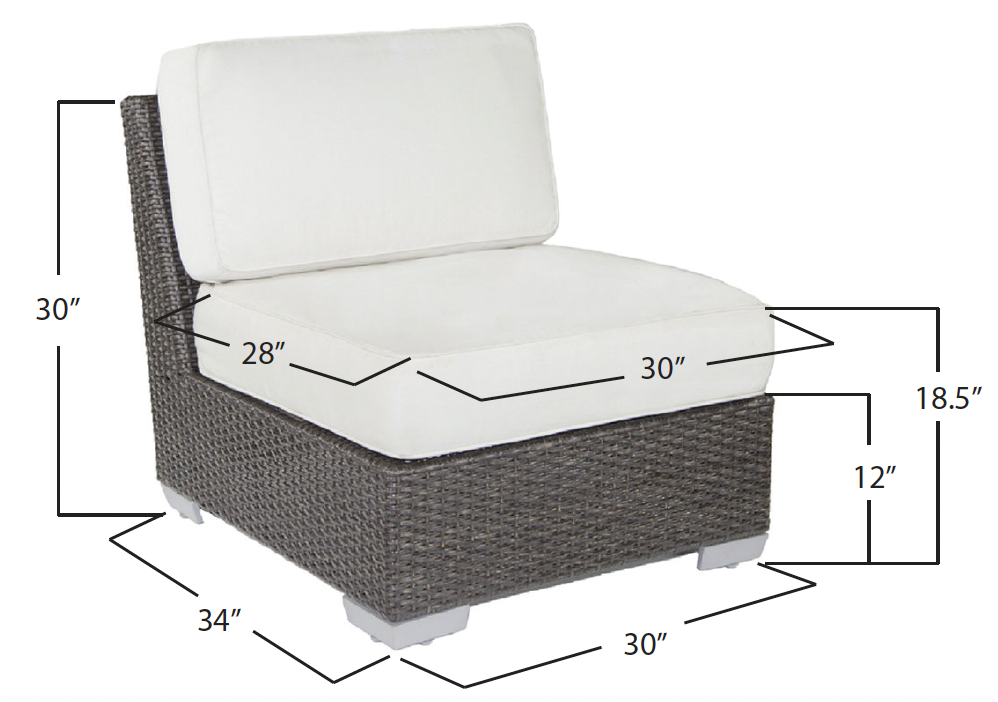 Photo of a rattan outdoor armchair with white cushions, showing measurements for the height, width, and depth of various parts of the chair.