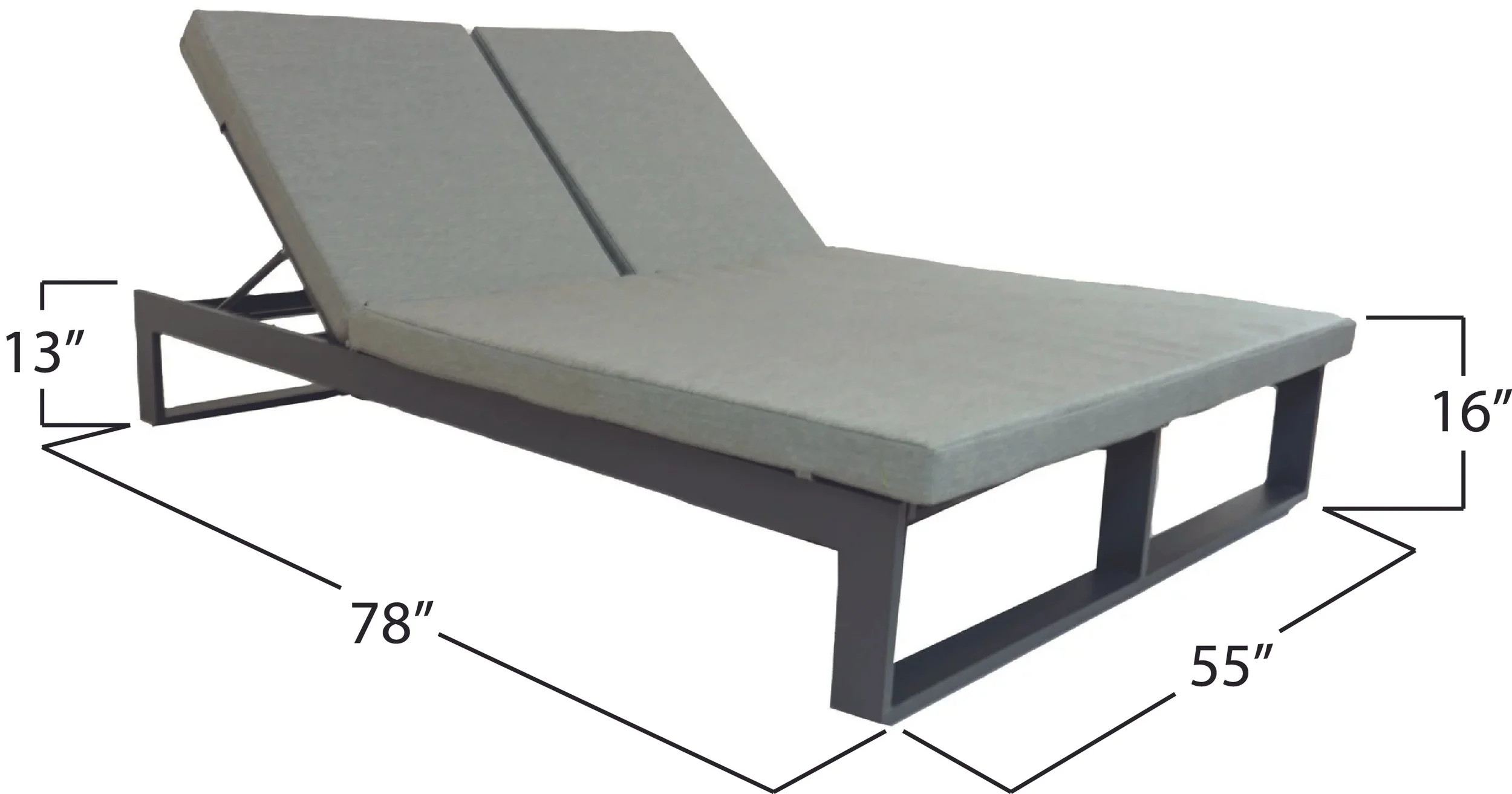 Outdoor lounge chair with a metal frame, cushioned seat, and adjustable backrest, with measurements 78 inches long, 55 inches wide, and 16 inches high at the seat.