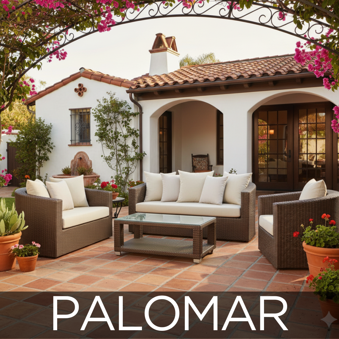 Palomar Collection Outdoor Commercial Patio Furniture. Spanish style house with rounded patio furniture. Dark Brown Wicker.