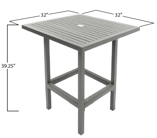 Gray outdoor square table with a slatted top and a hole in the center, supported by four straight legs and a lower support frame, measuring 32 inches by 32 inches and 39.25 inches tall.