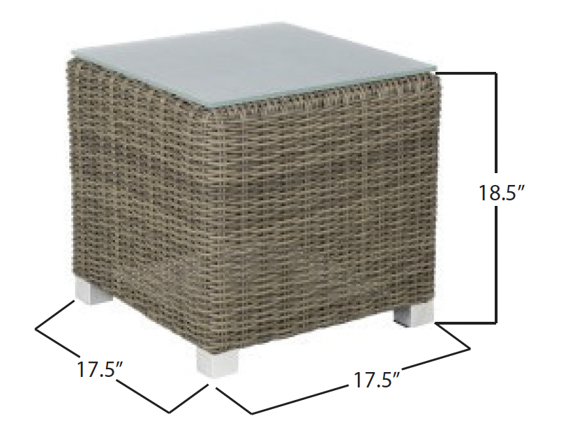Wicker outdoor side table with a glass top measuring 17.5 inches in length and width, and 18.5 inches in height.
