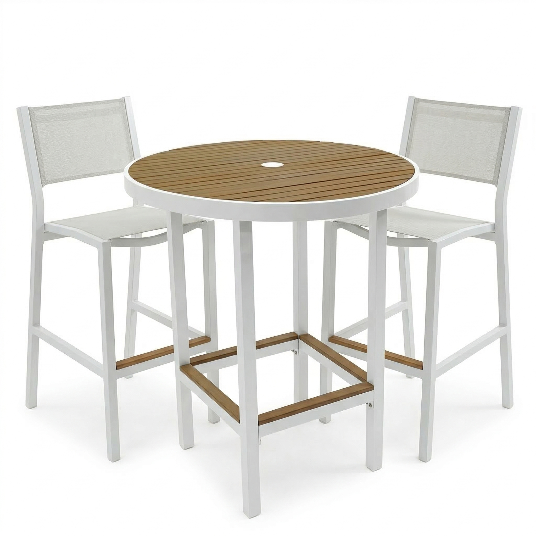 Riviera Bar Table and armless chairs white Patio Heaven.png