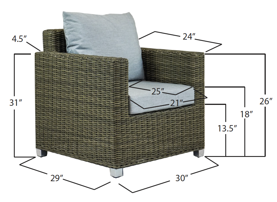 A wicker outdoor armchair with light blue cushions, measuring 31 inches tall, 29 inches deep, and 24 inches wide, with additional measurements of 4.5 inches for the arm height, 25 inches for the seat depth, 21 inches for the seat width, 13.5 inches f