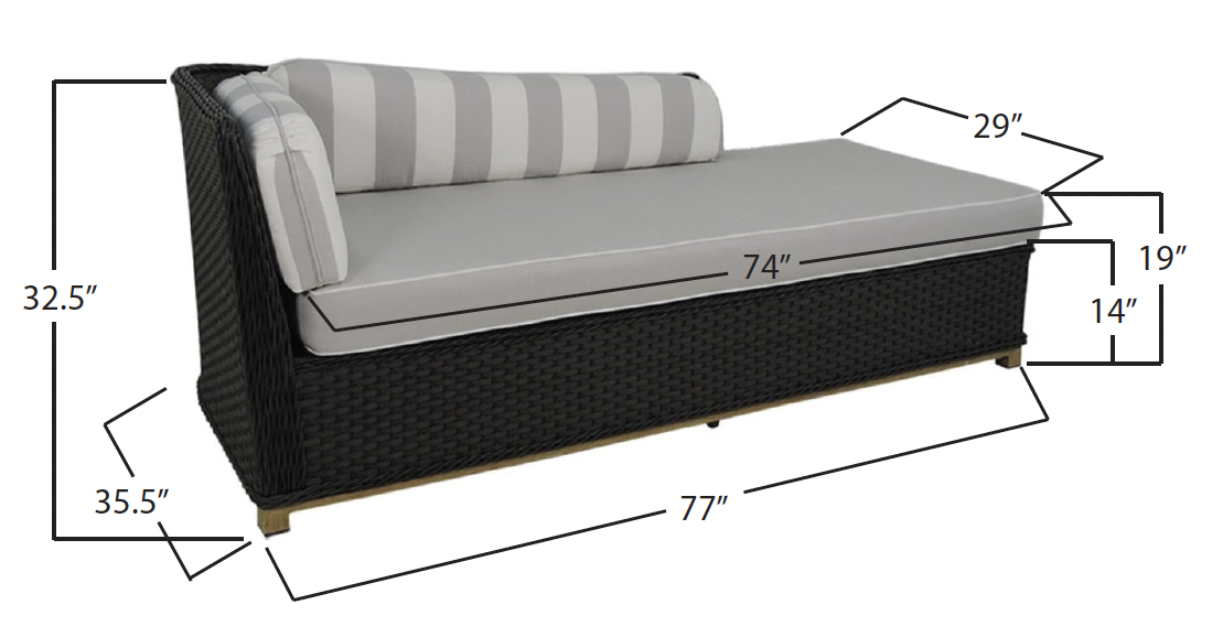 Photo of a black wicker sofa with light gray cushions. The sofa has a striped pillow, and dimensions are marked: 32.5 inches high, 35.5 inches deep, 77 inches wide, seat height 14 inches, seat depth 19 inches, seat length 74 inches, and back cushion 