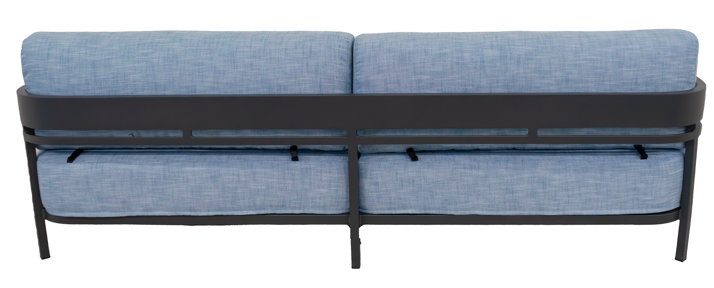 Back view of a modern patio sofa with a dark gray frame and upholstered in light blue fabric.