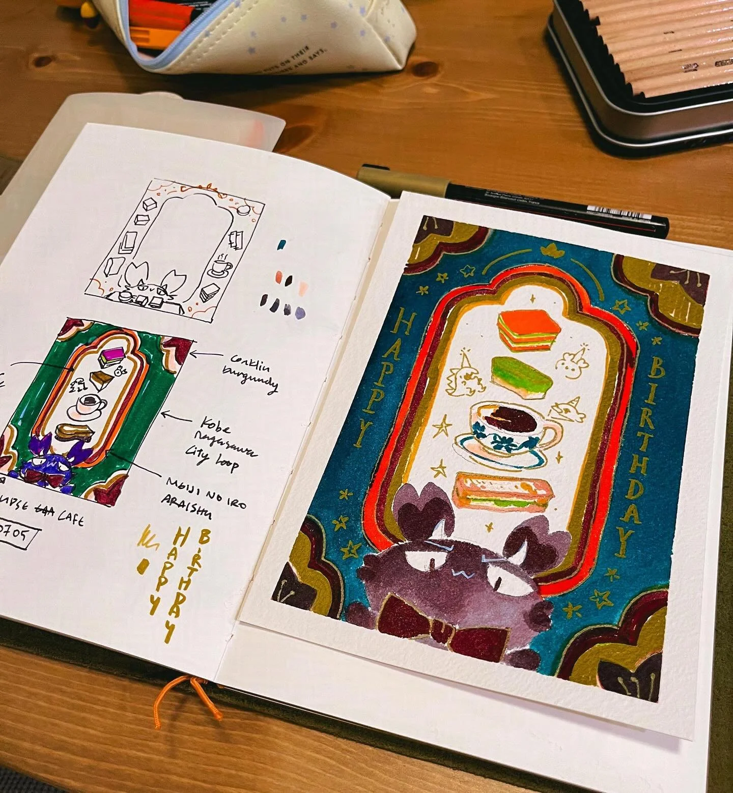 A birthday card and set menu I made for my dearest gremlin wife @sakuradragon, for whom I made kuih bingka, kuey lapis (needed more food colouring and patience), otak otak, and Kaya toast with home made hainanese bread. 🥖 🎂 🎉