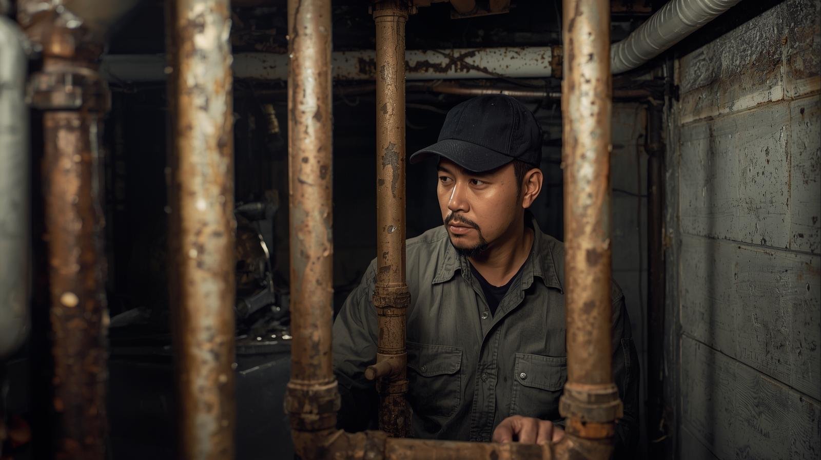 Inspector checking corroded pipes.