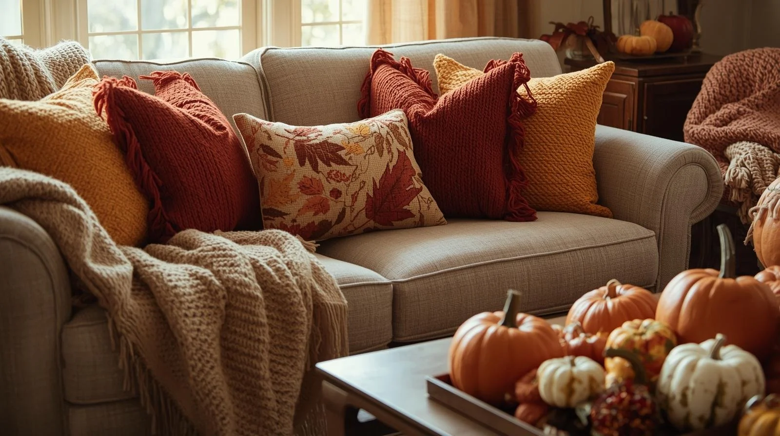 Living room decorated with fall pillows, throws, and pumpkins.