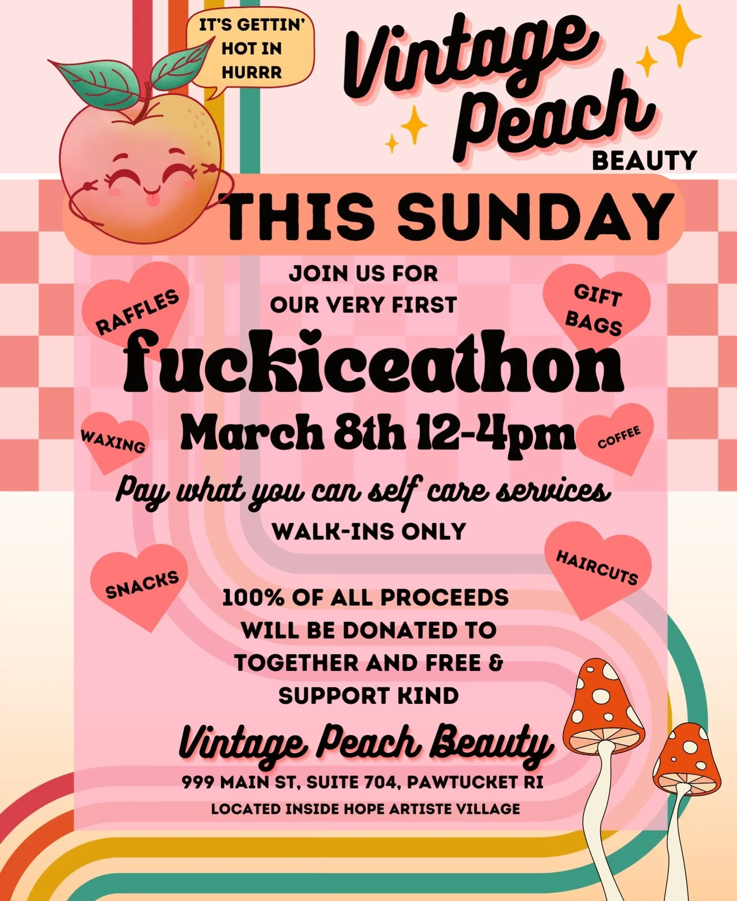 This SUNDAY FUNDAY 🍑✨

We will be offering pay what you can services- 

Super excited to host some guest artists too!!

We will have coffee, snacks, treats and raffles. Come show support