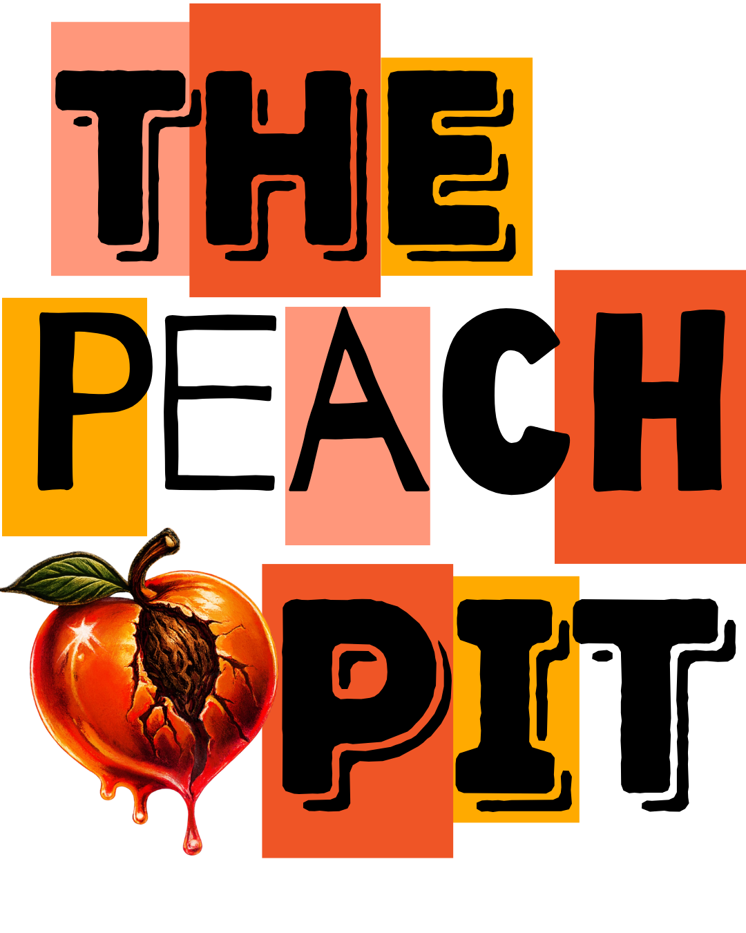 Collage of colored squares with the words "THE PACH" in black text and an image of a cracked, melting peach at the bottom left.