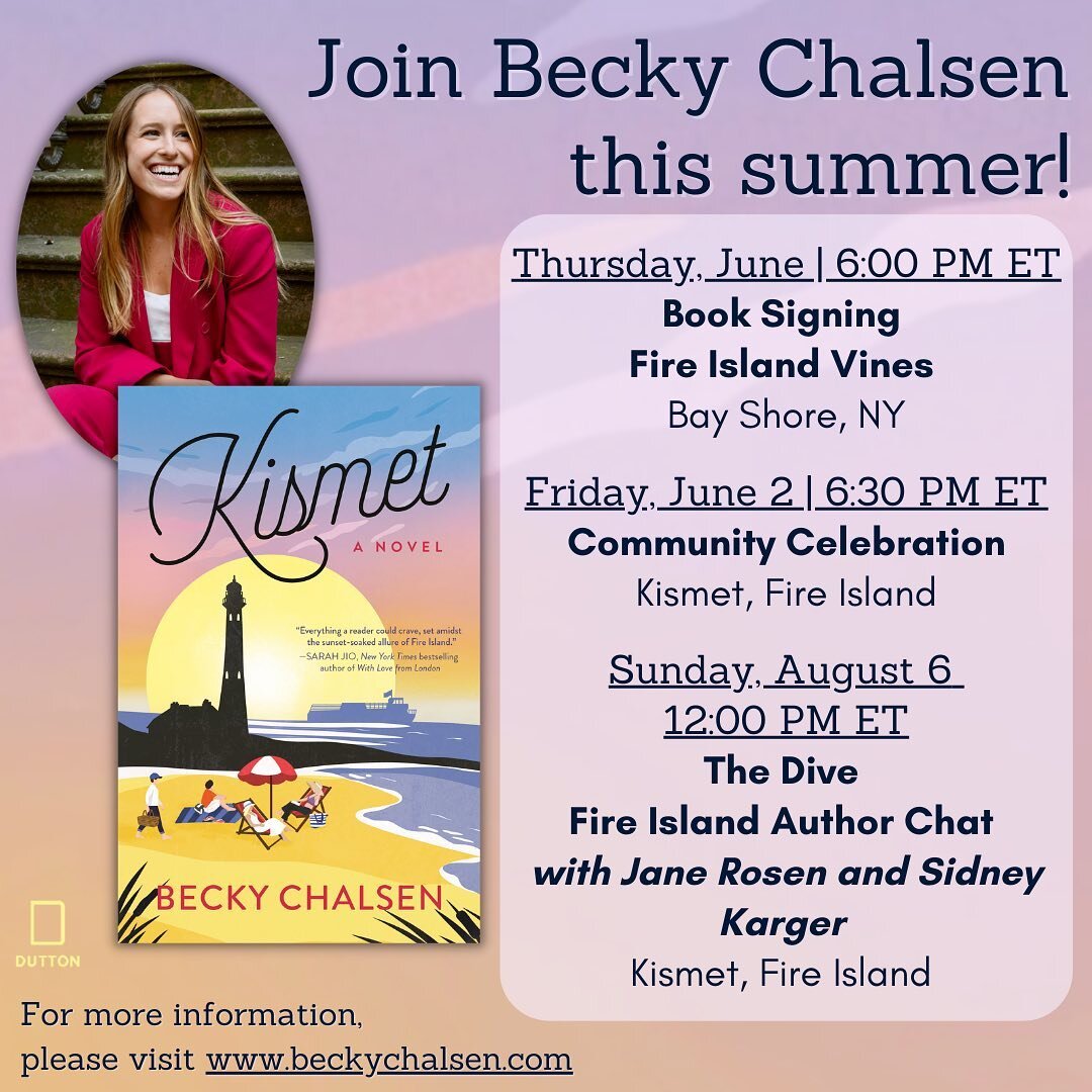 we&rsquo;re bringing the book tour to the beach!🏖️☀️ after two more lovely events in nyc (thank you @fairharbor!) and la (thank you @annabellesbookclubla!), we&rsquo;re headed to fire island next⛴️🤩💖

save the date &amp; book your ferry for Kismet