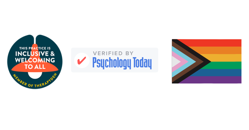 three badges displaying inclusivity and membership to TherapyDen, Verified by Psychology Today, and LGBTQIA+ Inclusive Flag featuring black and brown colors to represent racial diversity