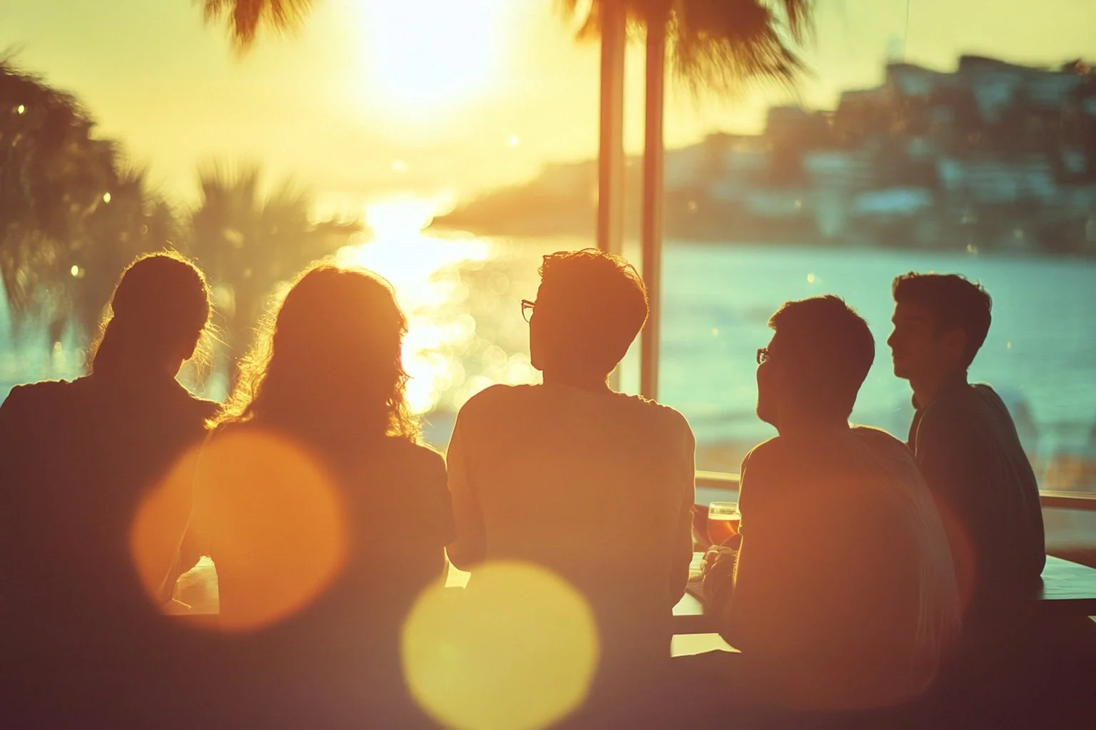 Silhouettes of five people sitting at a table near a window with a view of the sunset over water, palm trees, and boats.
