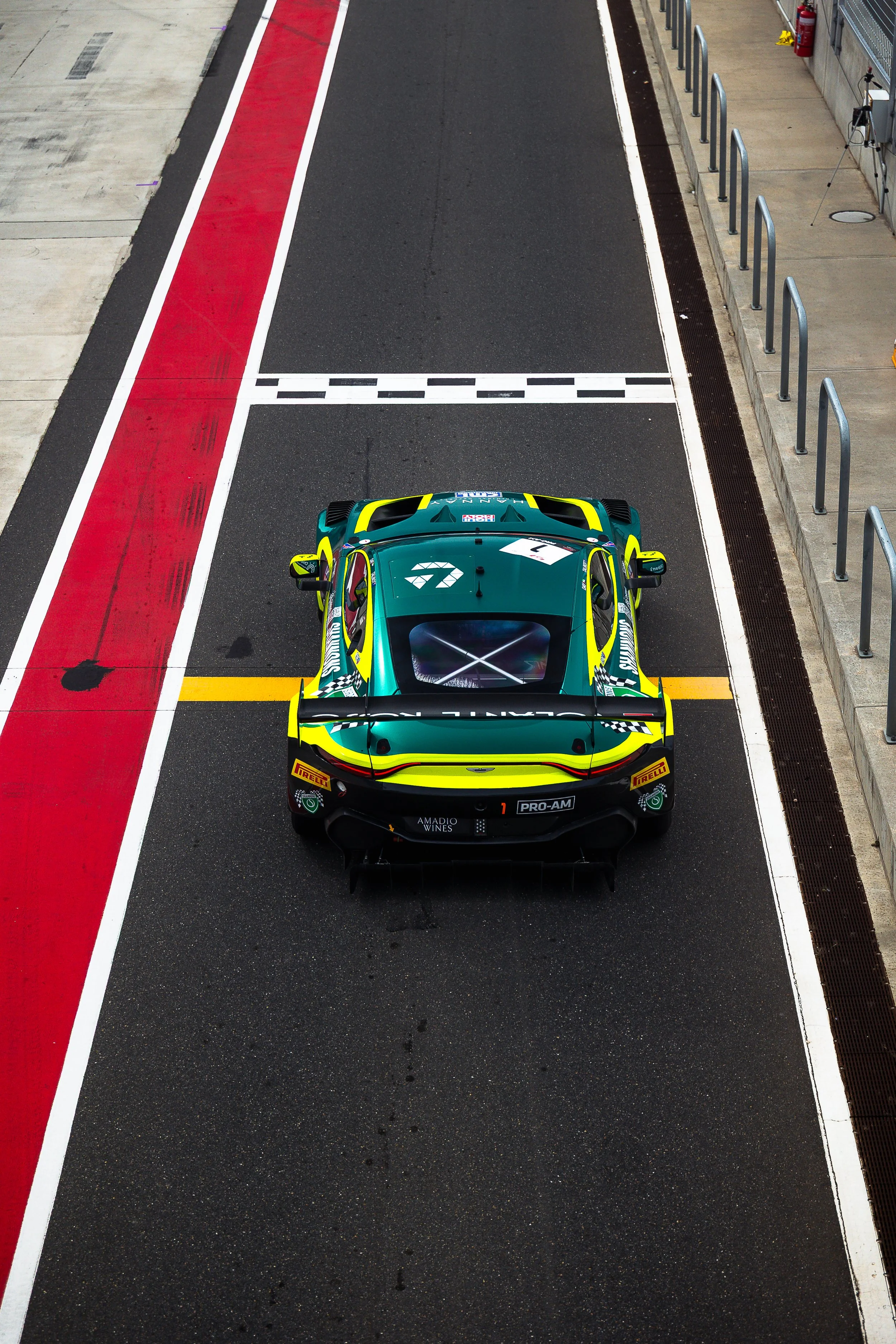 High-angle shot of the Volante Rosso Aston Martin GT3 at The Bend during the 2025 GT World Challenge Australia round.