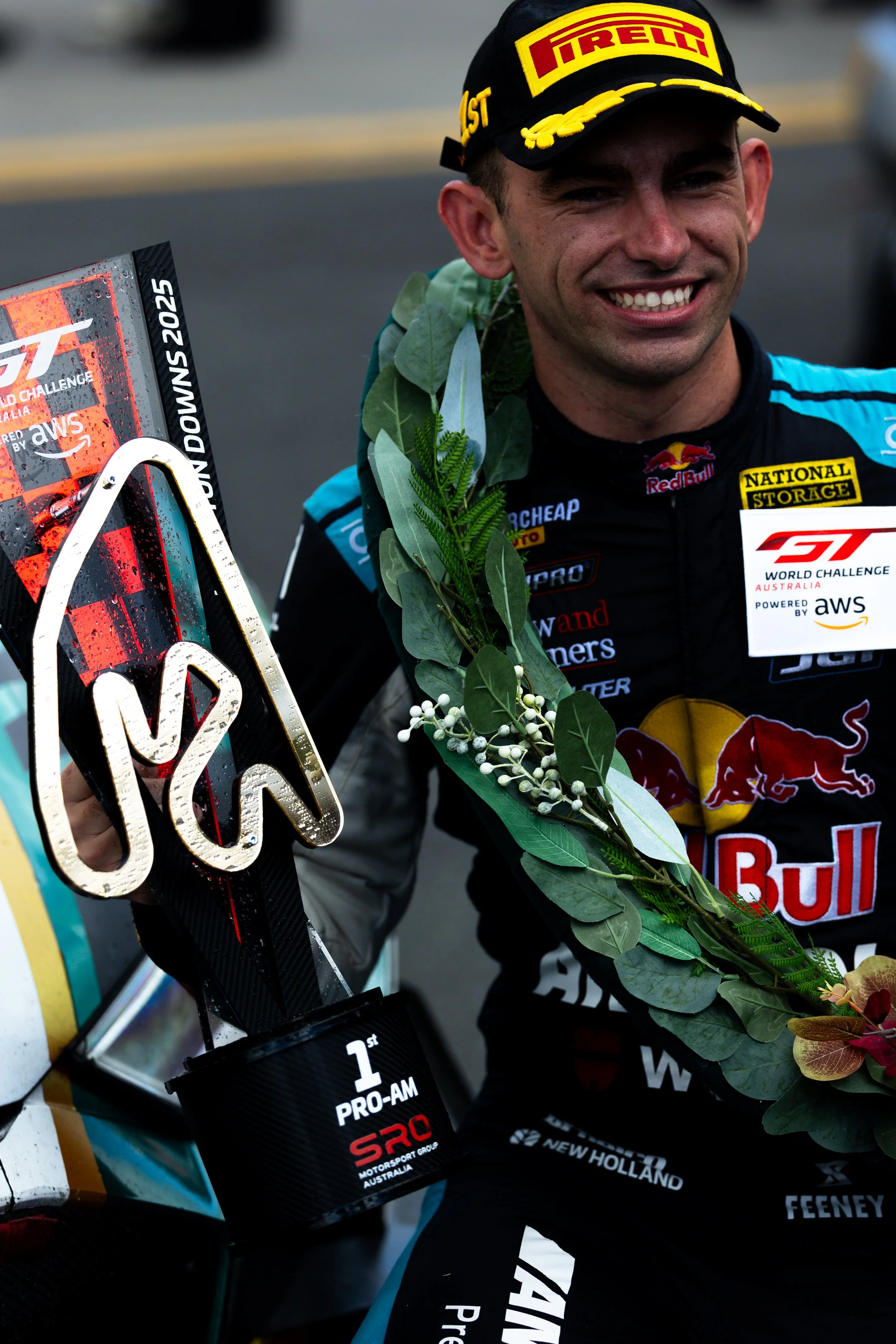 Broc Feeny celebrating a race win at the Hampton Downs raceway event during the GT World Challenge Australia round,
