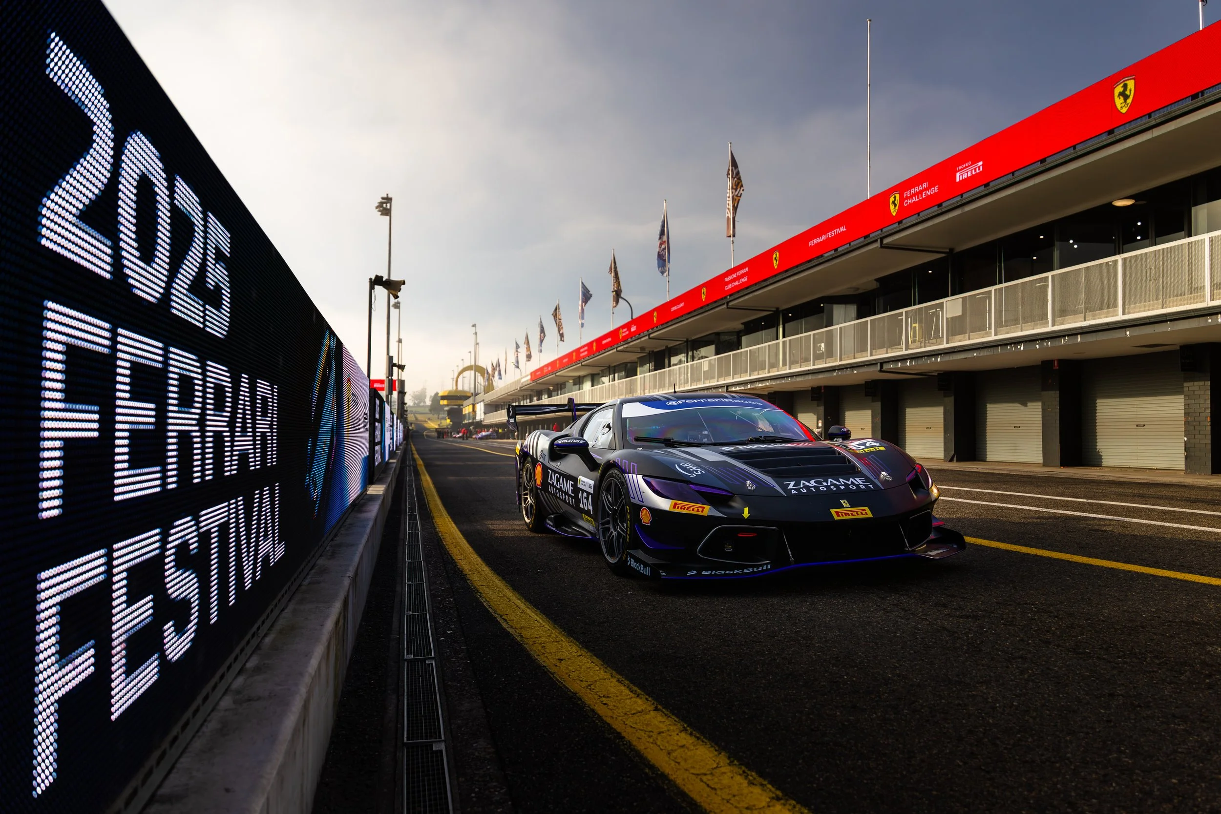 Zagame motorsports Ferrari Challenge race car at 2025 Ferrari Challenge event at Sydney Motorsport Park. 