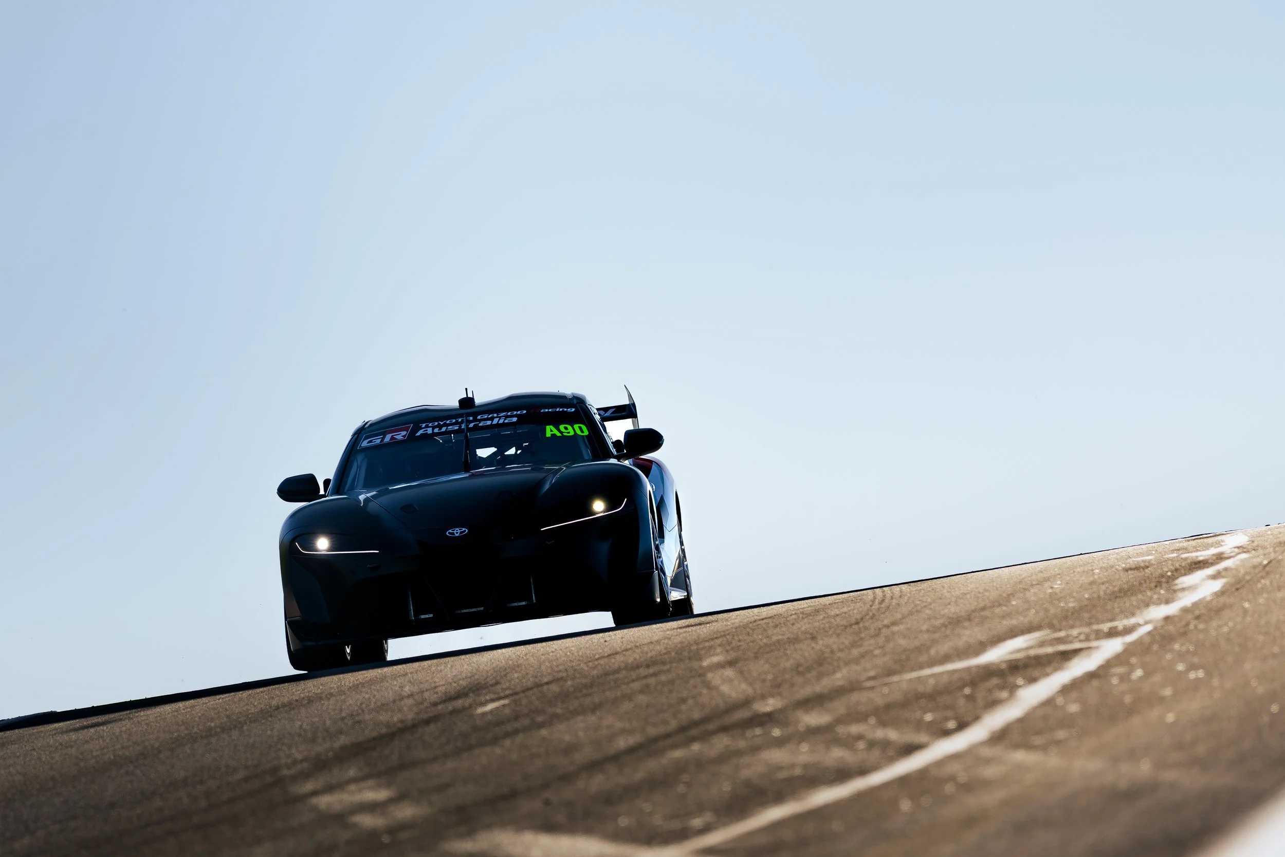 The TGR Australia Toyota Supra demonstration passing over Skyline at the 2025 Bathurst 1000.