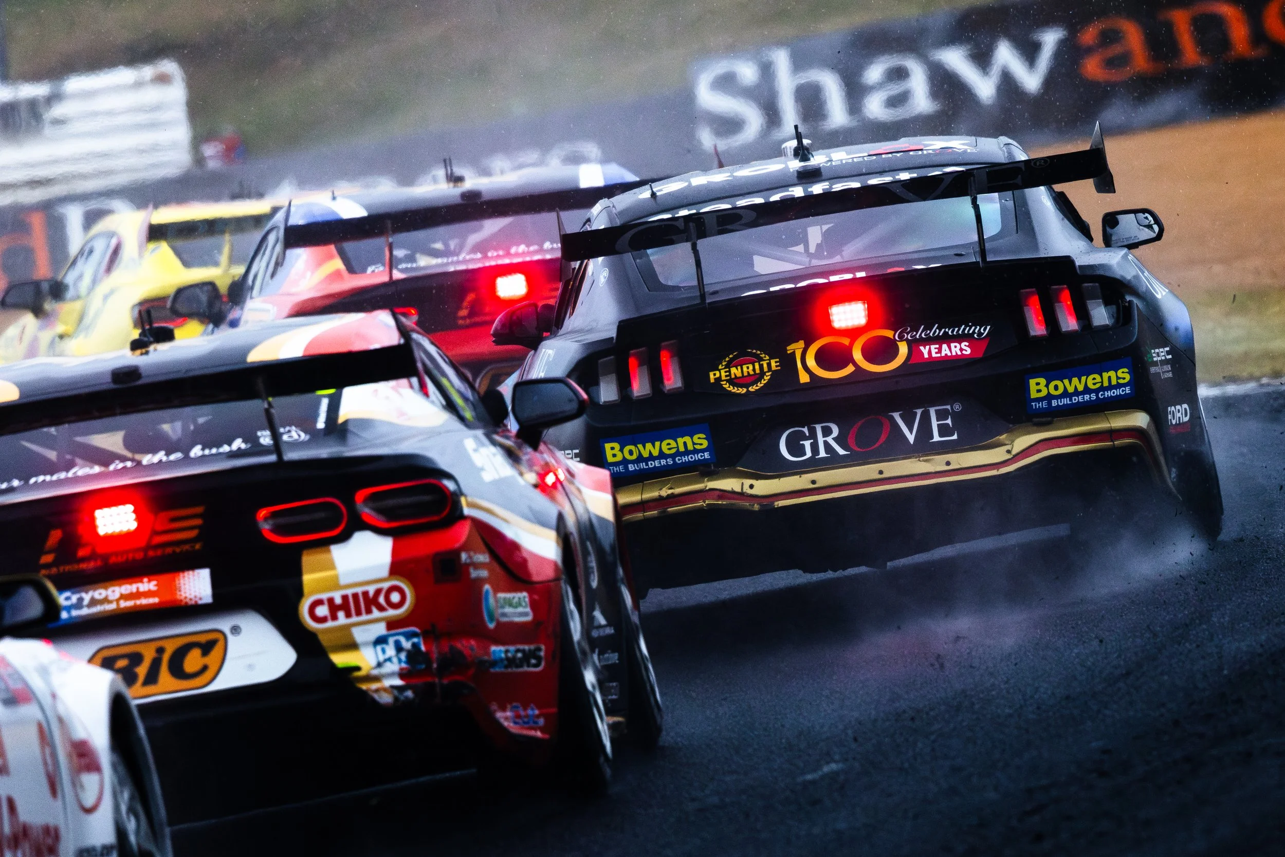A group of Supercars during the rain at the 2025 Bathurst 1000 event. 