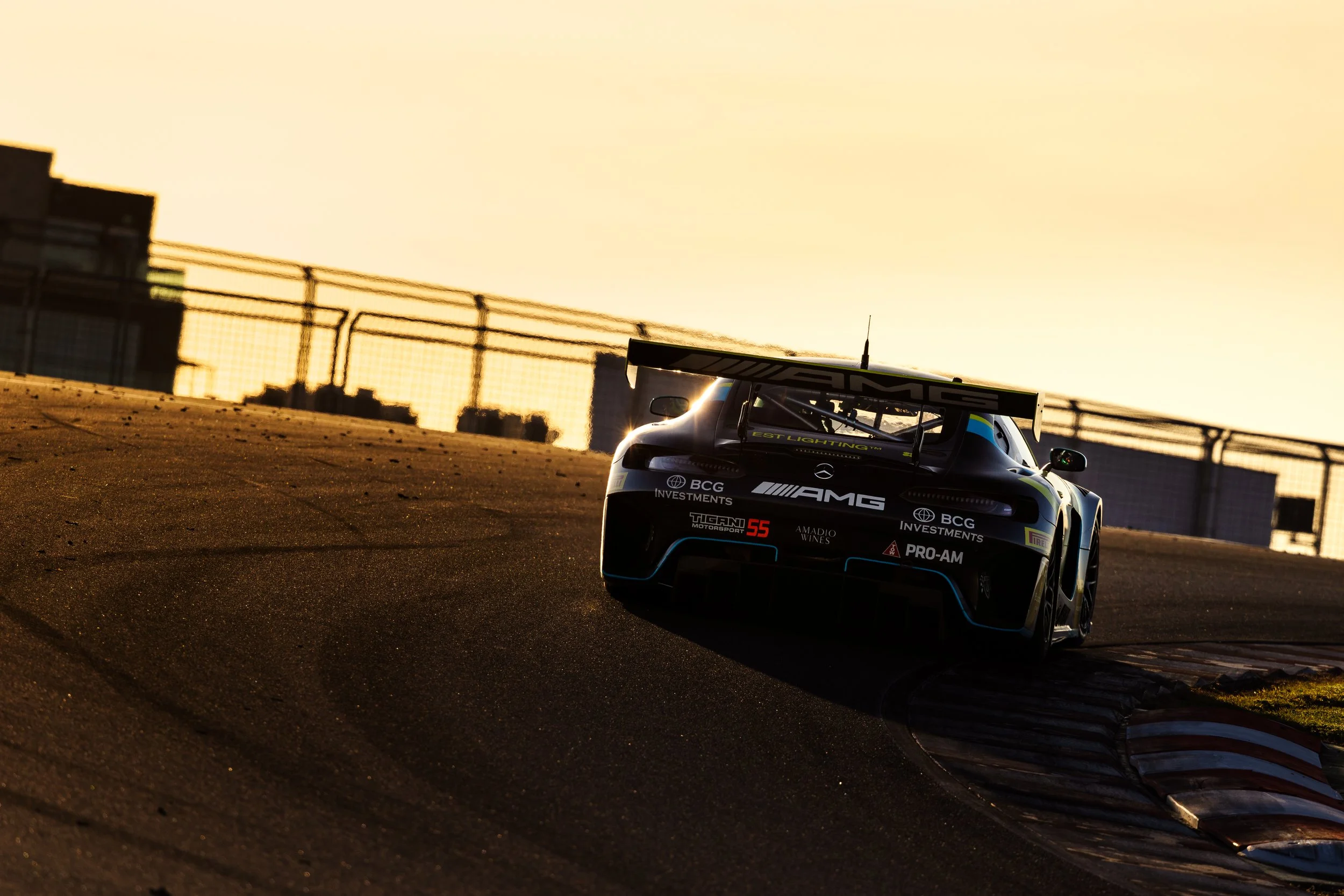 Tigani Motorsport Mercedes AMG GT3 car during sunset at 2025 The Bend during GT World Challenge round.