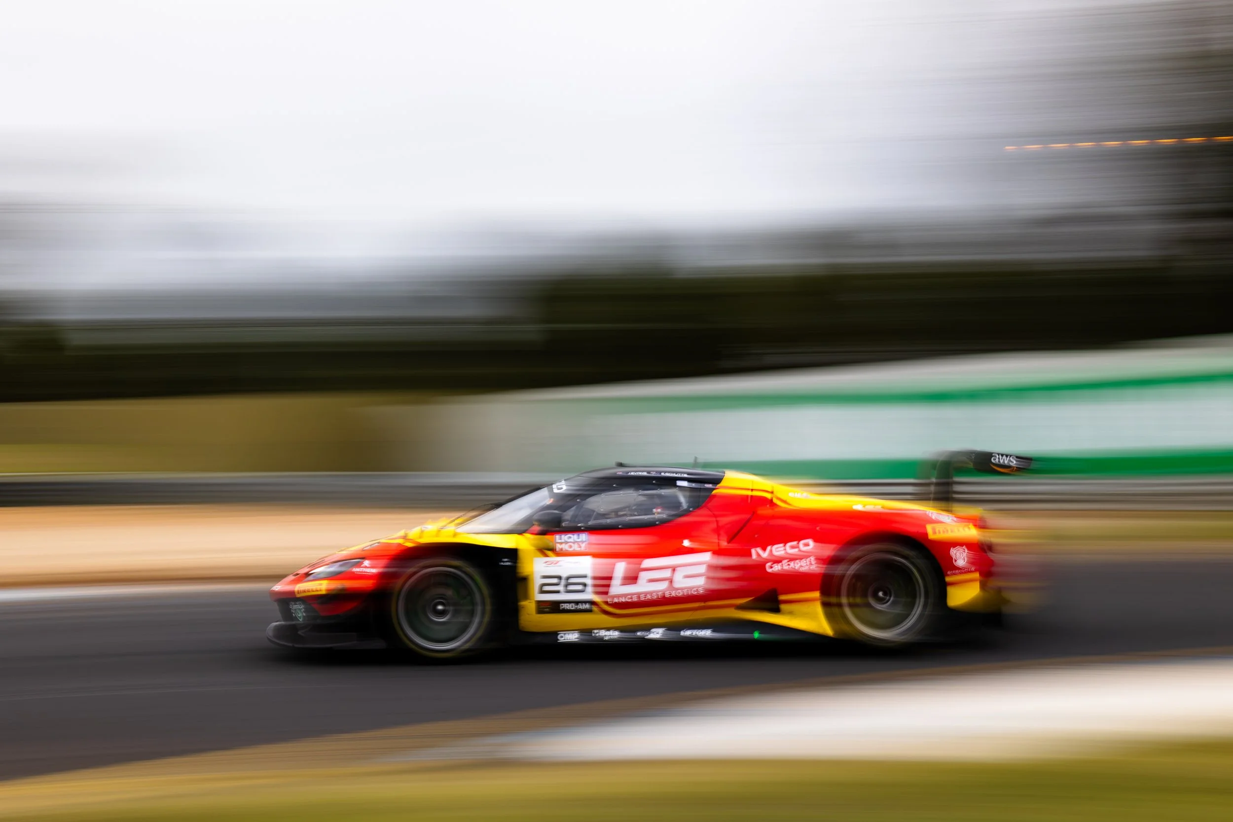 Whip-pan of the Arise Racing GT Ferrari 296 GT3 at the 2025 GT World Challenge Australia round at Sandown Raceway.