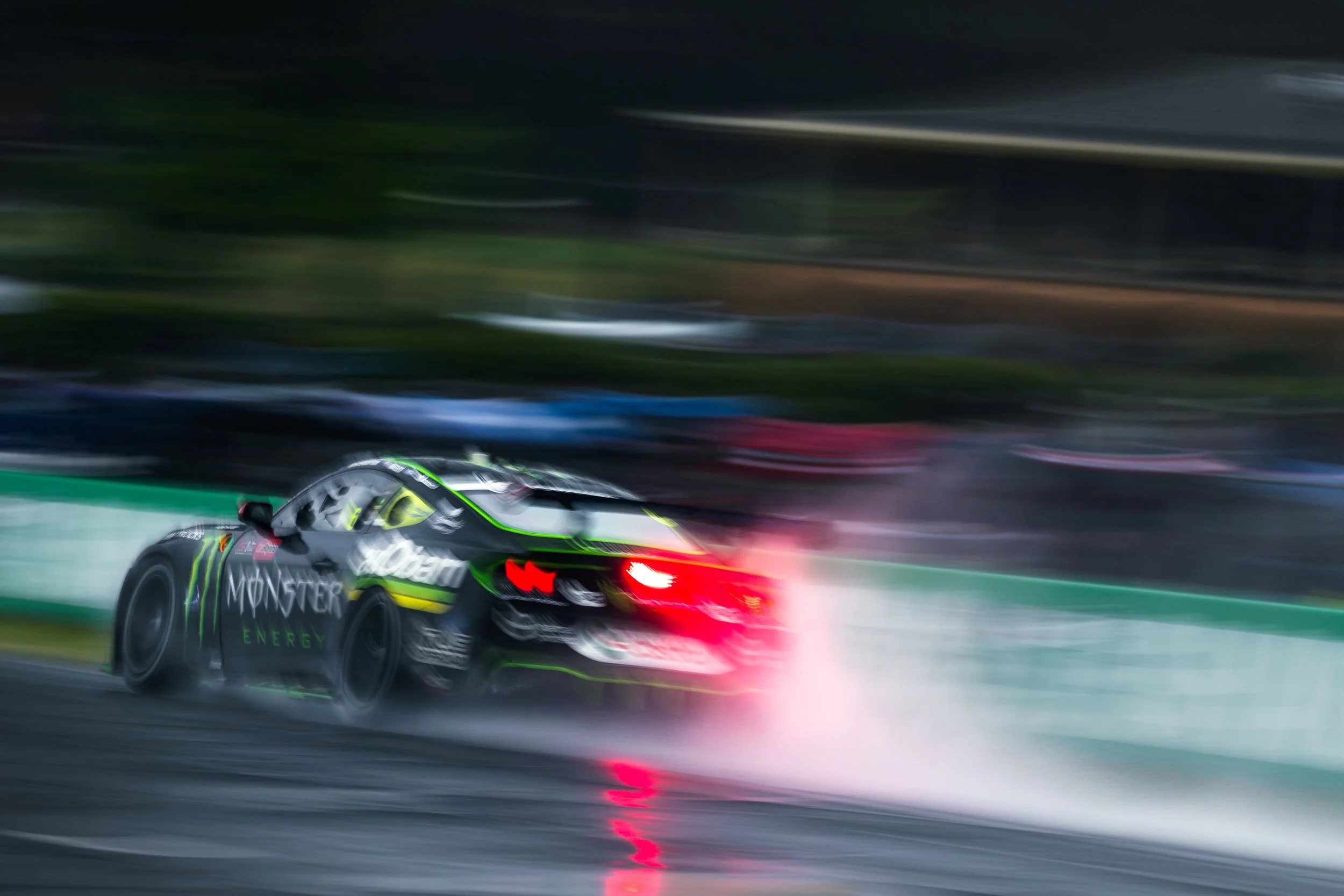 Tickford Racing’s Supercars Ford Mustang driven by Cam Waters and Mark Winterbottom throwing spray in the rain at the 2025 Bathurst 1000.